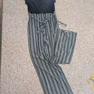 Sears Black and Gray Striped Jumpsuit with Cinched Waist